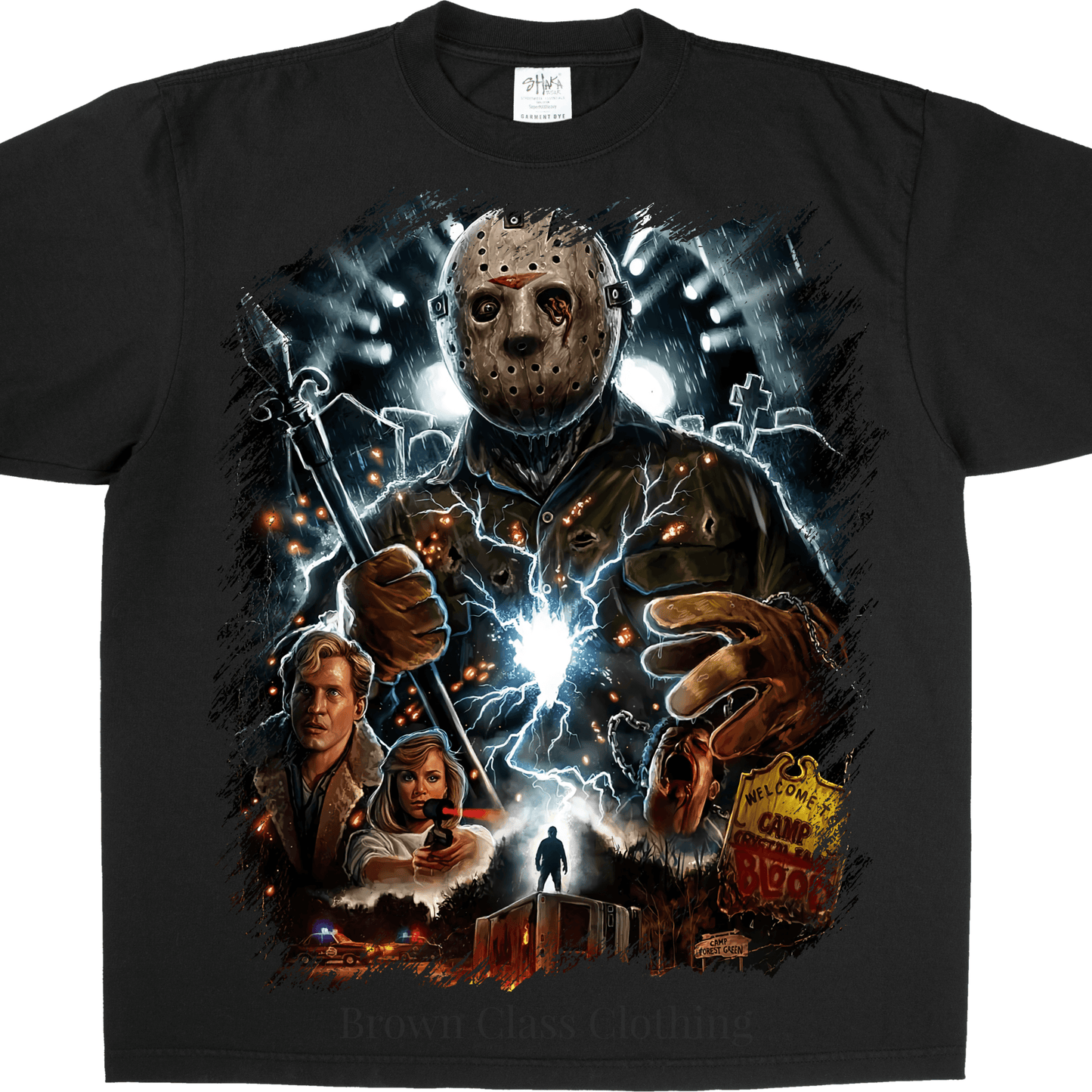 "Friday the 13th graphic tee featuring Jason Vorhees design on a black short-sleeve 100% cotton unisex T-shirt by BrownClassClothing"