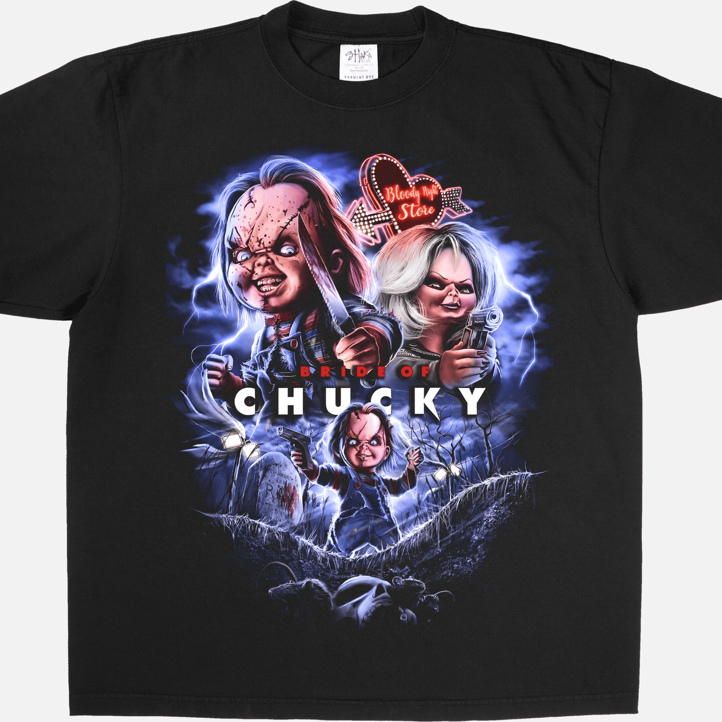 Bride of Chucky Tee featuring vibrant character prints on a black oversized shirt, made from 100% USA cotton.