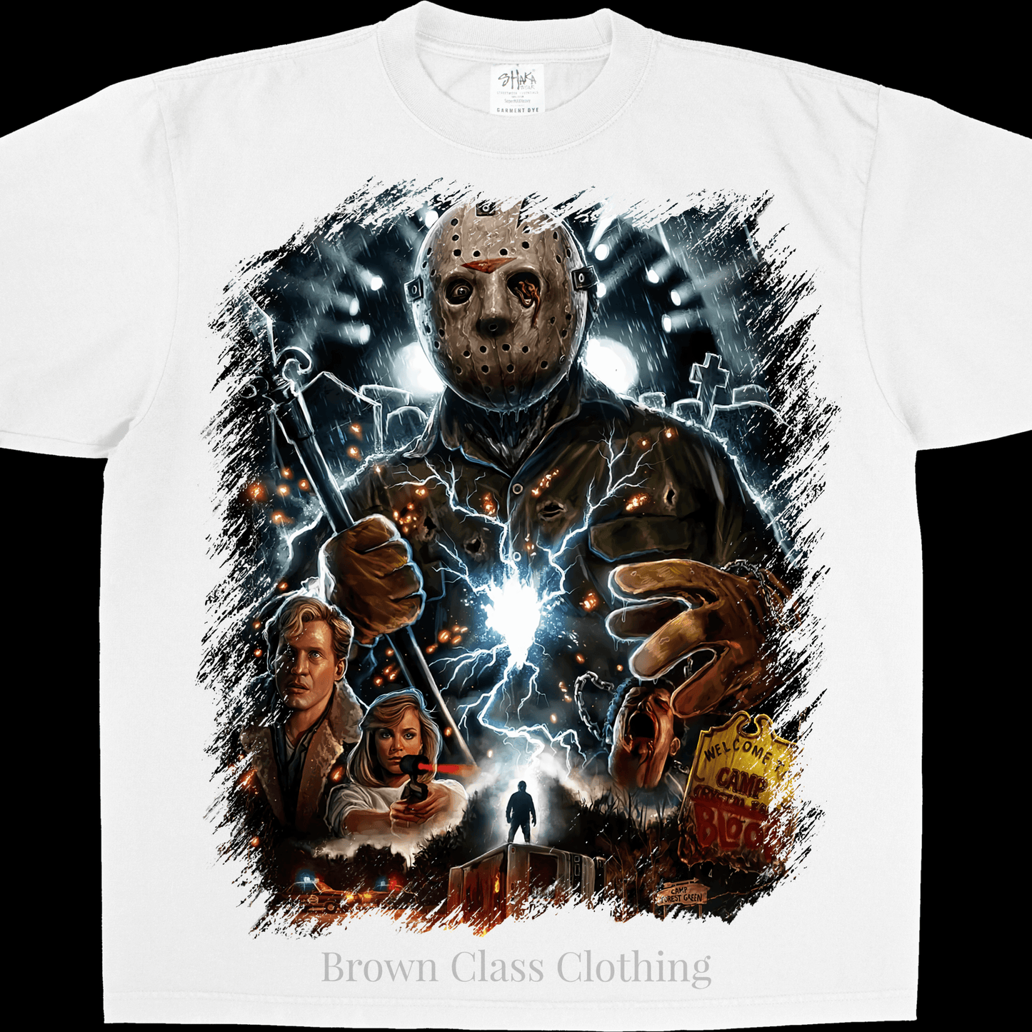 Friday the 13th graphic tee featuring Jason Vorhees design, Brown Class Clothing, Camp Blood theme on a cotton T-shirt.