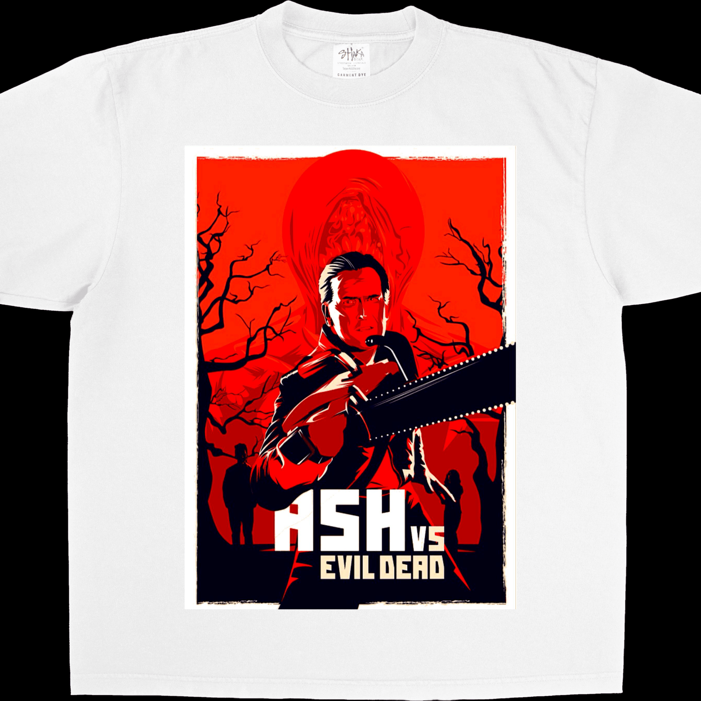 Ash vs. Evil Dead Tee featuring a bold graphic design on a white t-shirt, perfect for fans of the series.