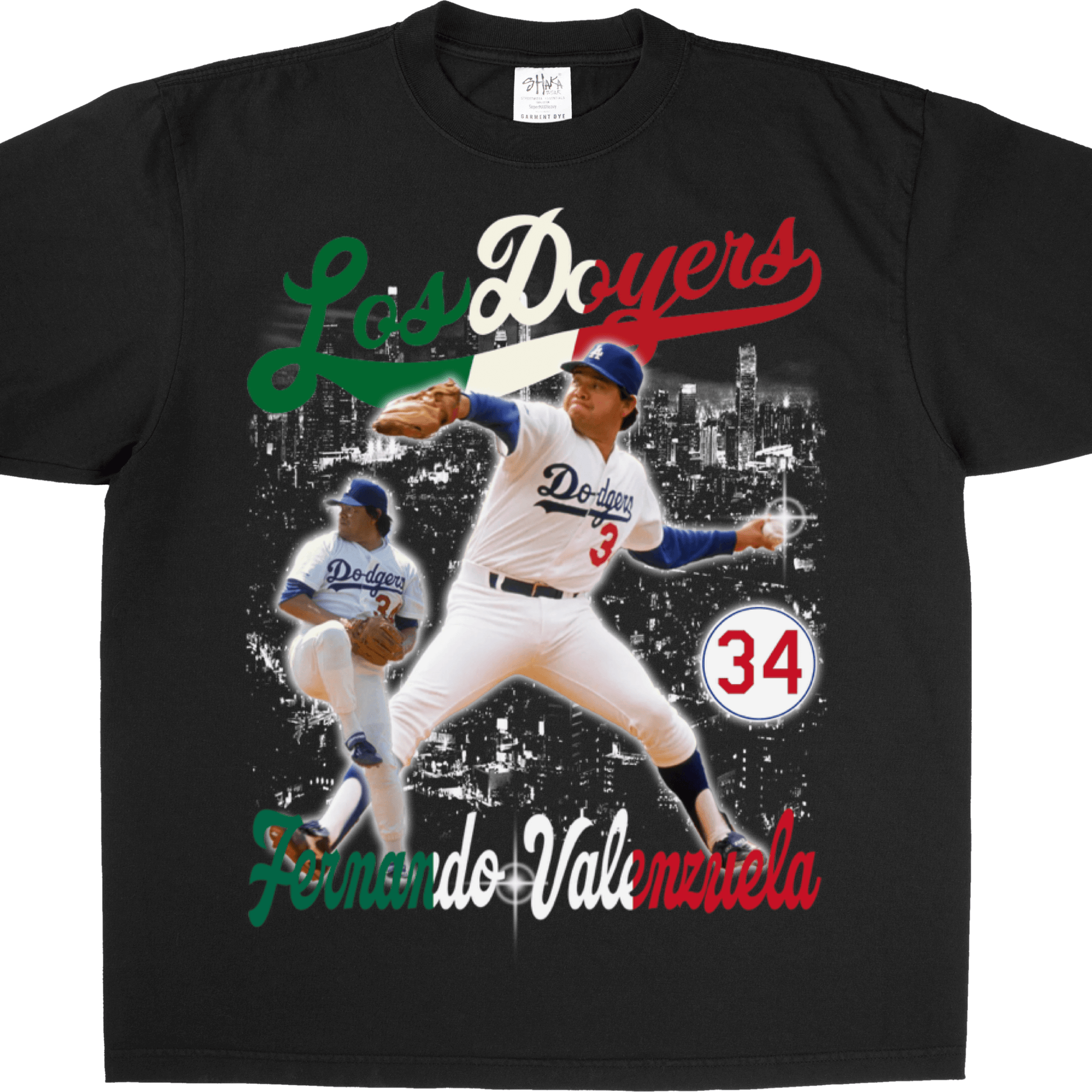 Los Doyers Fernando Valenzuela #34 Throwback Graphic Tee, black 100% cotton, featuring iconic baseball design.