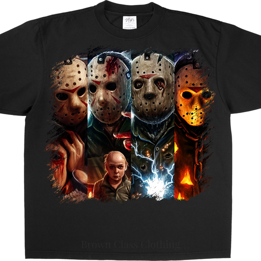 Friday the 13th graphic tee featuring Jason Vorhees mask designs on BrownClassClothing's unisex cotton T-shirt.