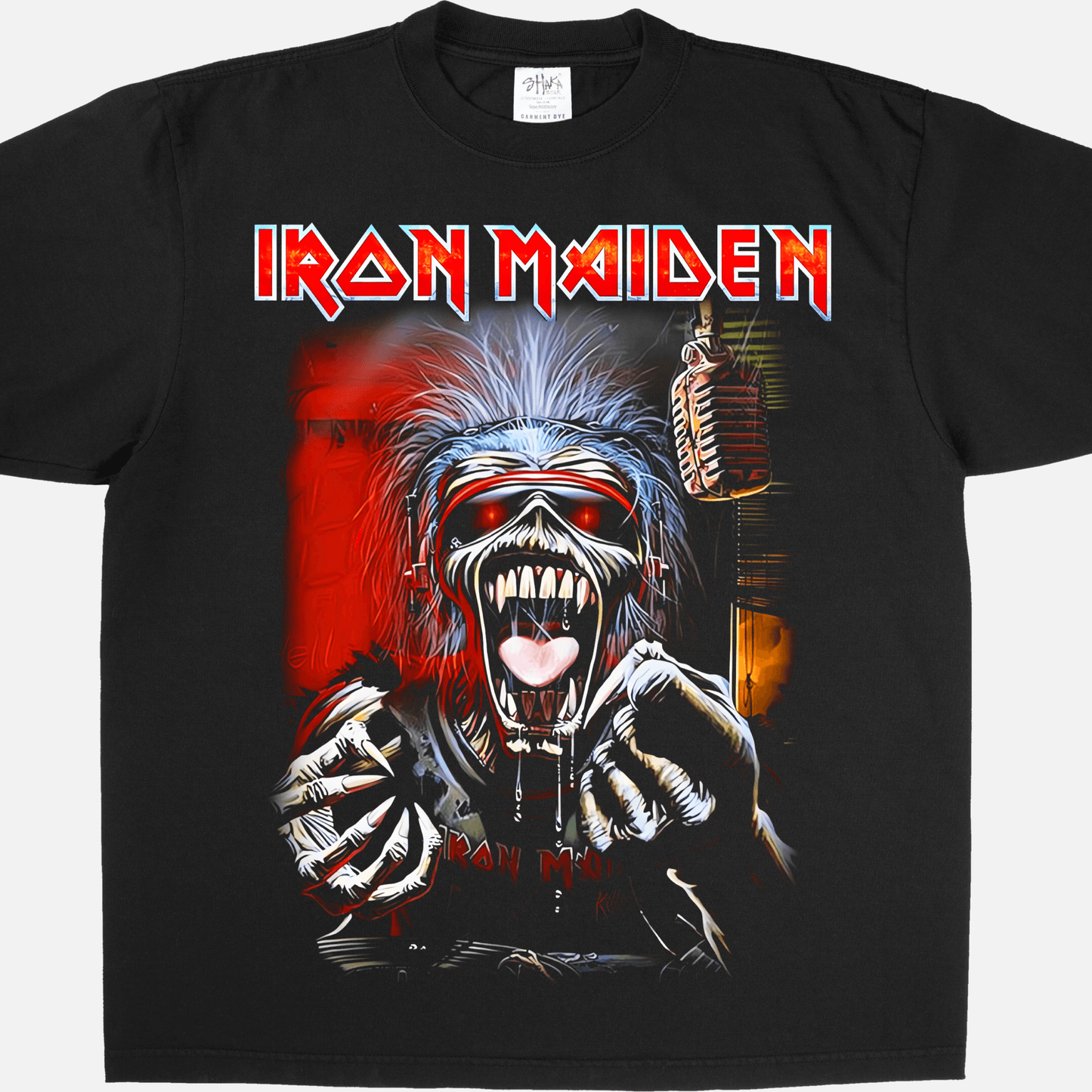 Iron Maiden black tee featuring vibrant graphic design of the iconic mascot with a bold logo.