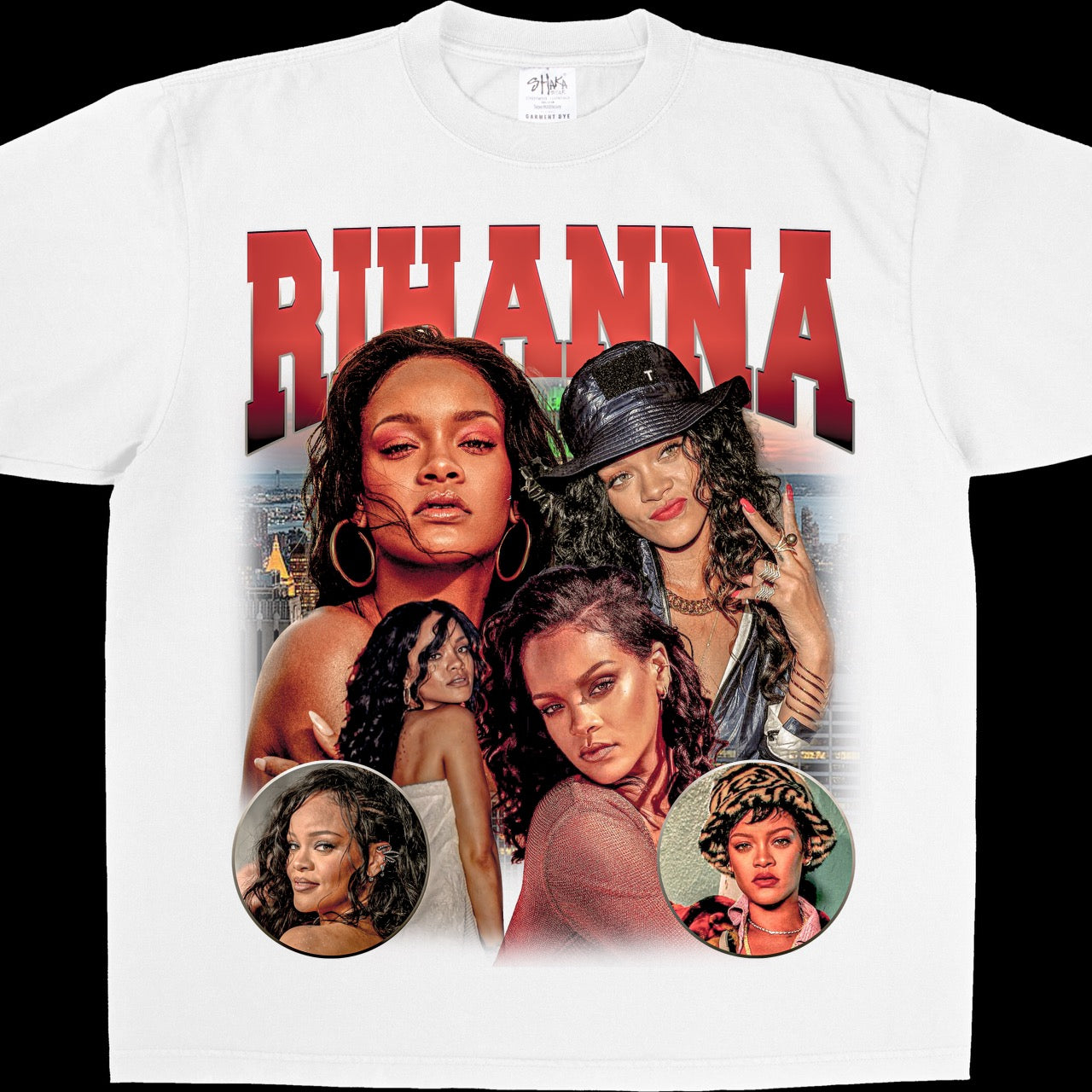 Unisex 100% Cotton Short-sleeve Riri tee featuring iconic Rihanna prints, embracing the 90s bootleg trend and pop culture 