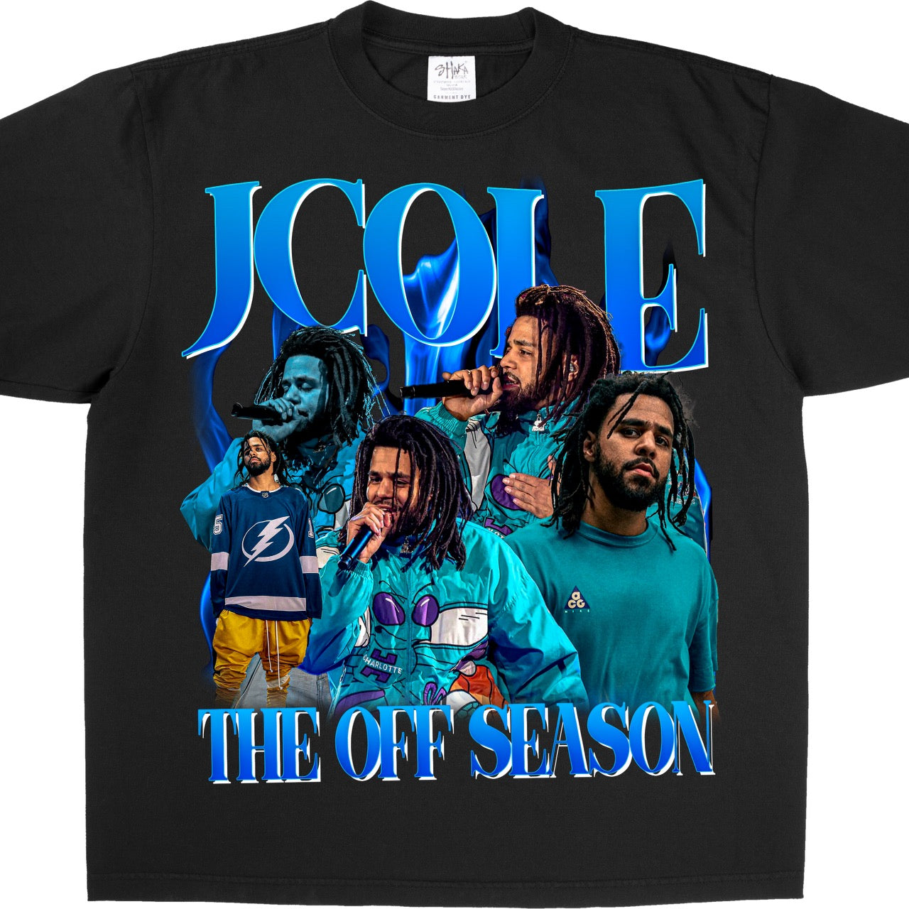 J Cole The Off Season rap album bootleg graphic tee displaying multiple images of the artist in a black short-sleeve t-shirt.