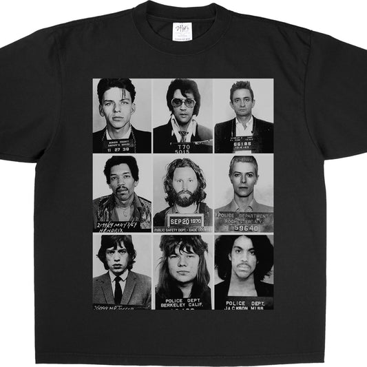 Unisex t-shirt featuring mugshots of iconic music legends Prince, Frank Sinatra, Elvis, Johnny, Hendrix, Morrison, Bowie, Janis Joplin, and Mick Jagger