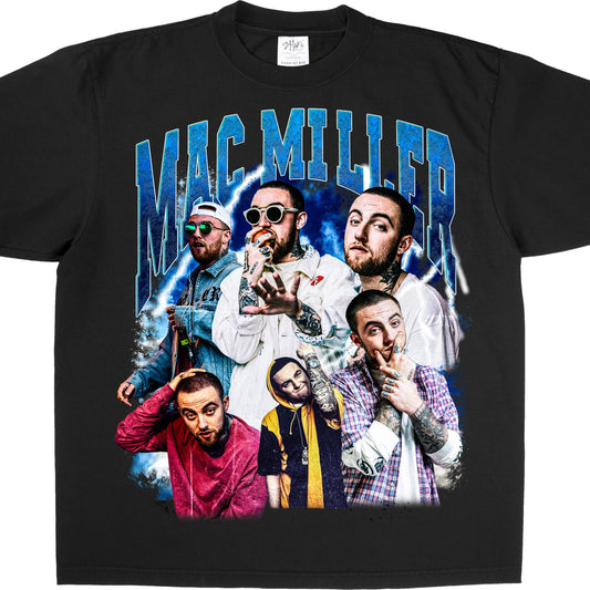 Bootleg Mac Miller retro black T-shirt featuring multiple images of Mac Miller in various styles, 90s vintage design