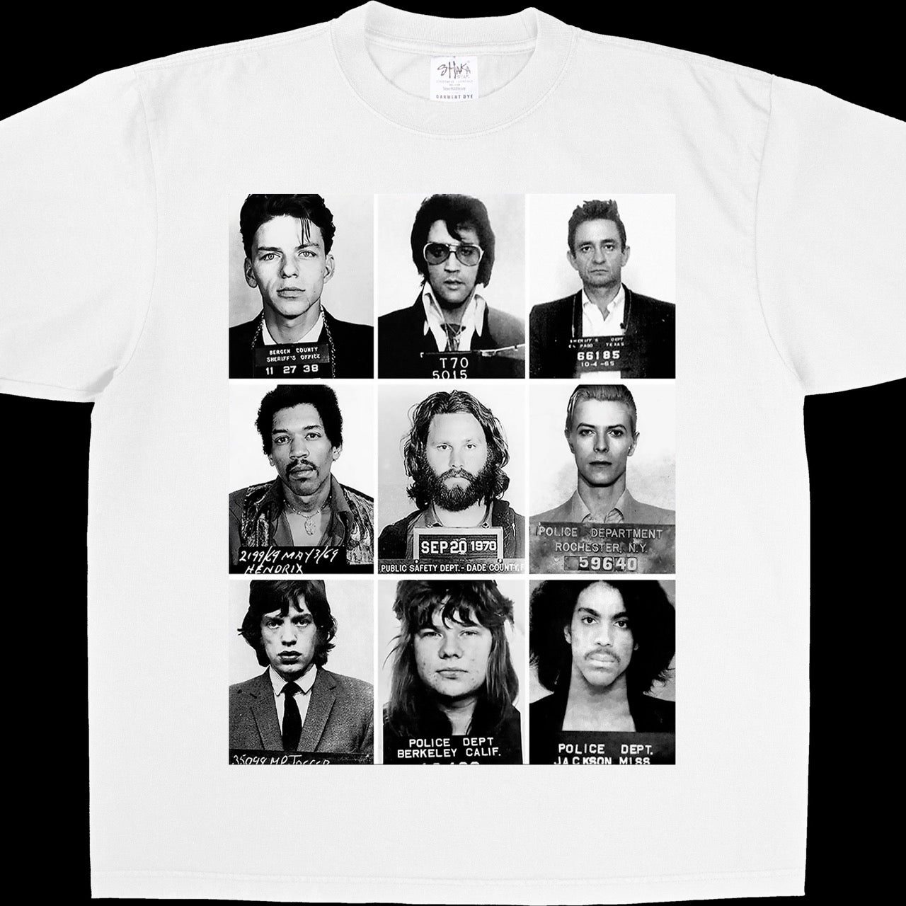 Iconic Music Legends Mugshots T-Shirt featuring Prince, Frank Sinatra, Elvis, Johnny, Hendrix, Morrison, Bowie, Janis Joplin, Mick Jagger