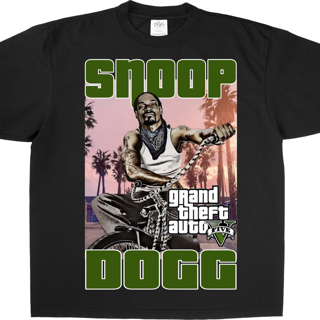 Grand Theft Auto 5 T-Shirt with Snoop Dogg on Shaka Heavyweight, featuring detailed prints and high-quality 100% cotton fabric.