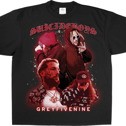 Grey Five Nine $uicideBoy$ collage graphic T-shirt in black, featuring bold red design elements from BrownClassClothing.