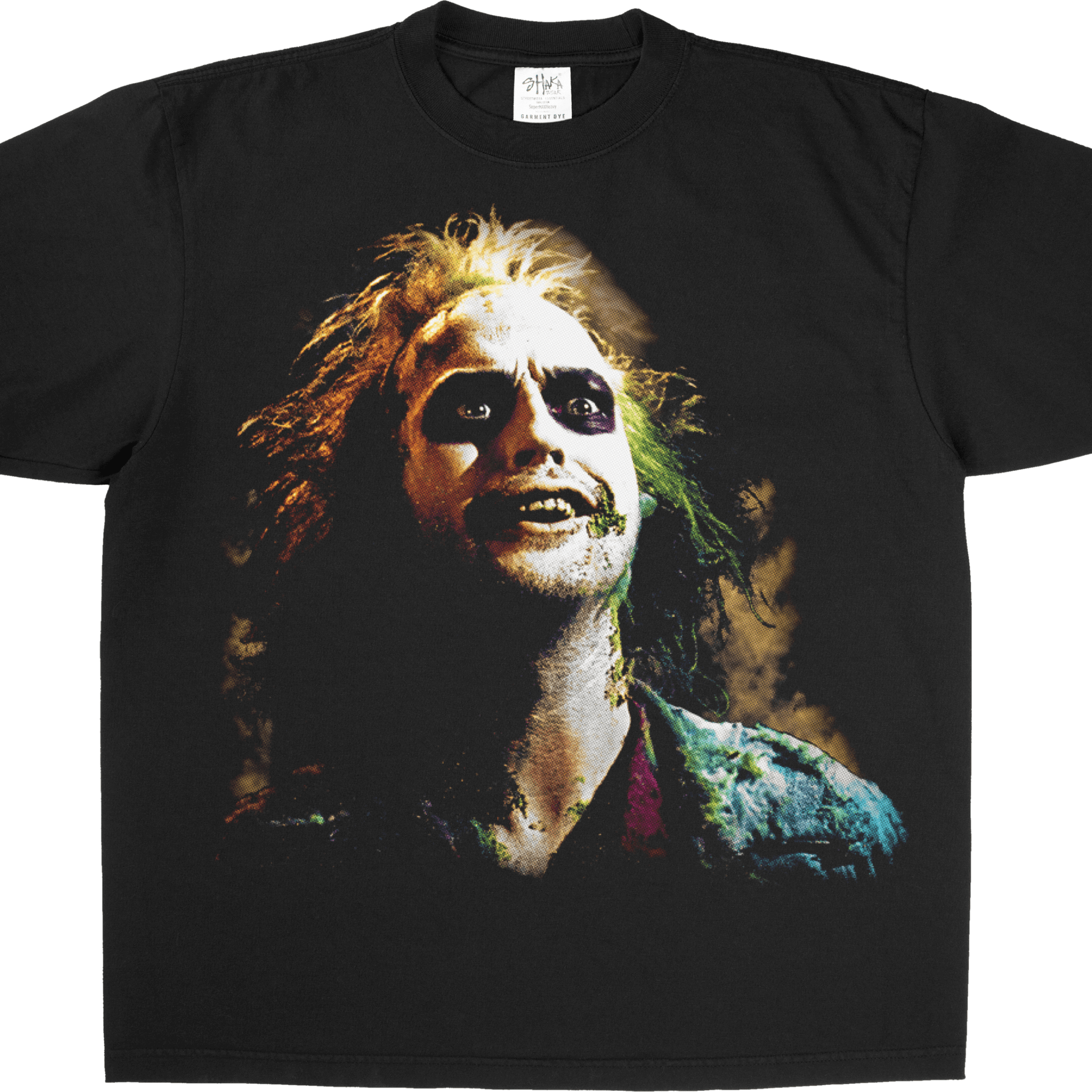 Vintage graphic tee featuring a colorful portrait of Beetlejuice on a black background. Well Made