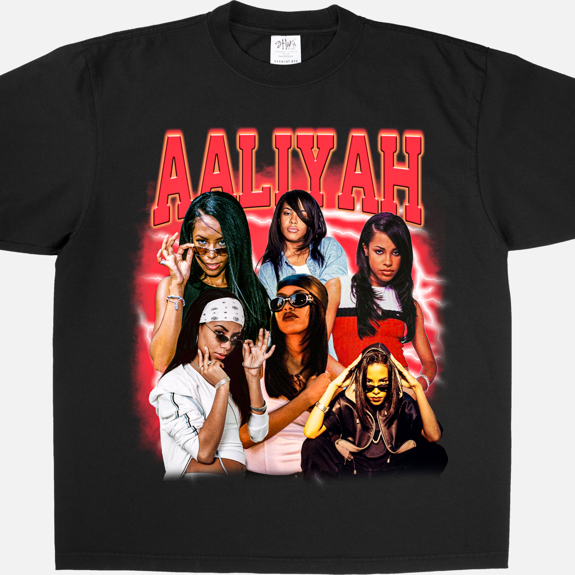 Aaliyah Tee featuring multiple iconic images of Aaliyah in vibrant colors on a black background.