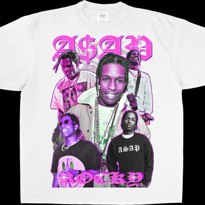 Unisex T-shirt with ASAP Rocky collage bootleg graphic design in purple by BrownClassClothing.